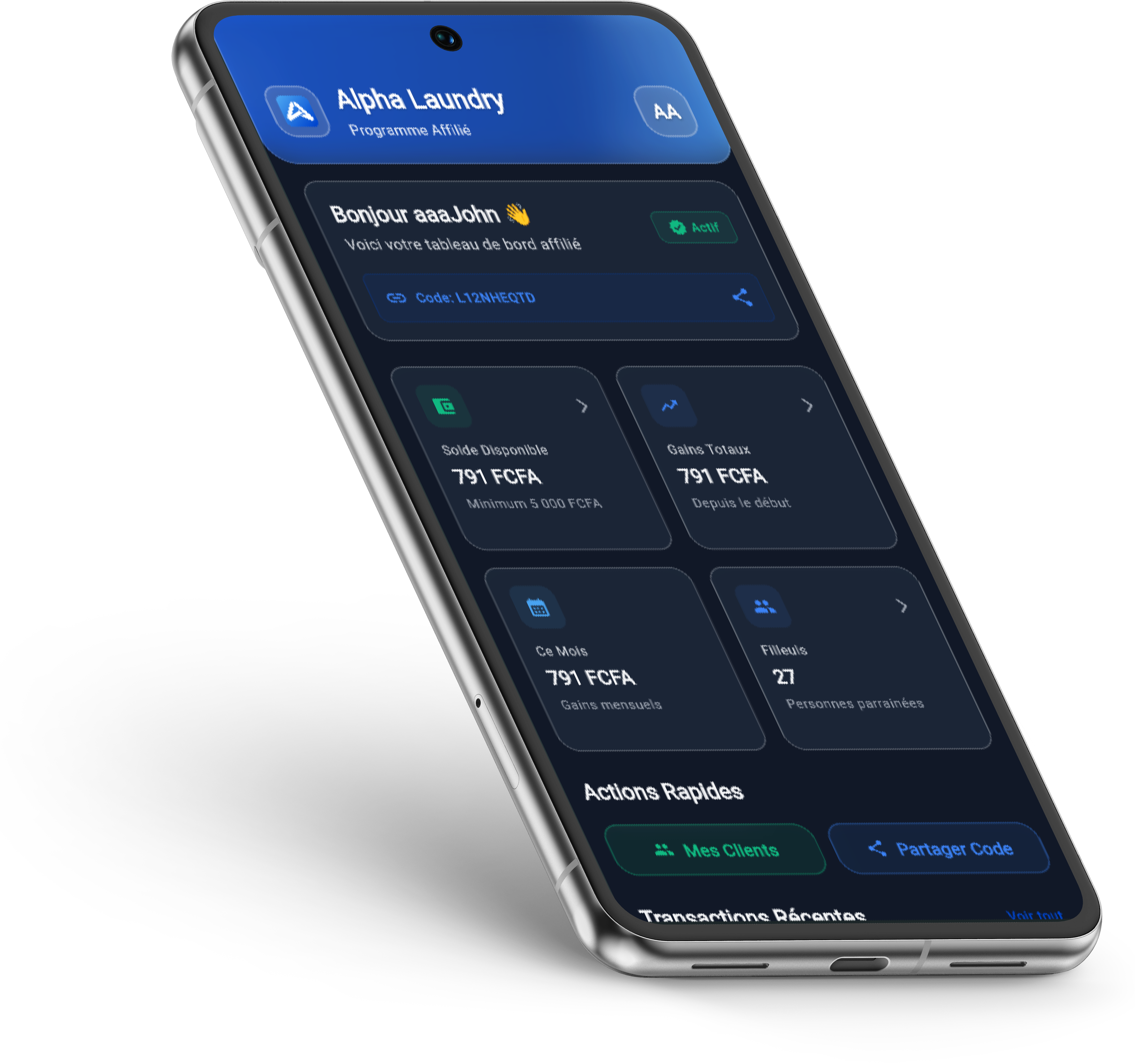 Écran d'accueil de l'app affiliate